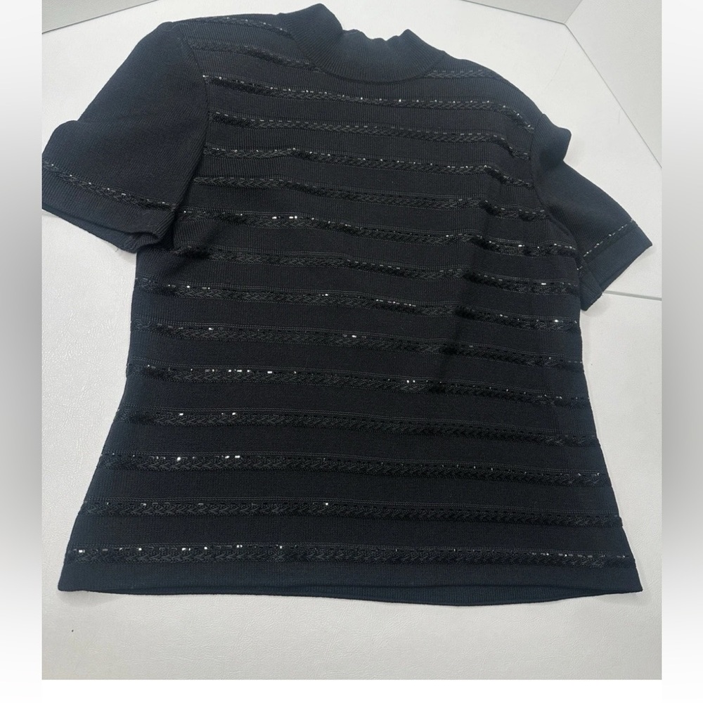 St. John Evening Santana Black Short Sleeve Knit Mock Turtleneck Rhinestones - Picture 4 of 6